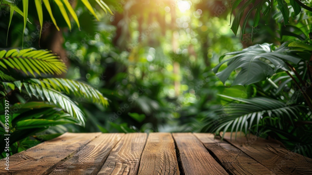 Empty wooden table top with lush green rainforest amazon jungle leaves and plants in the background Empty wooden table top with lush green rainforest amazon jungle leaves and plants in the background