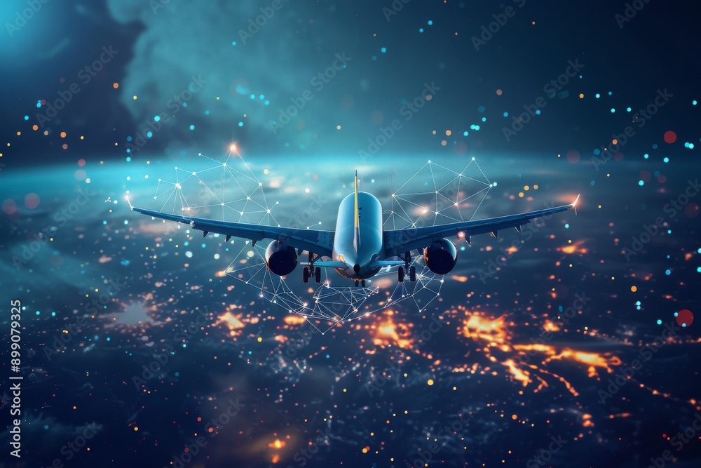 Airplane Flying Over a Cityscape at Night Airplane Flying Over a Cityscape at Night