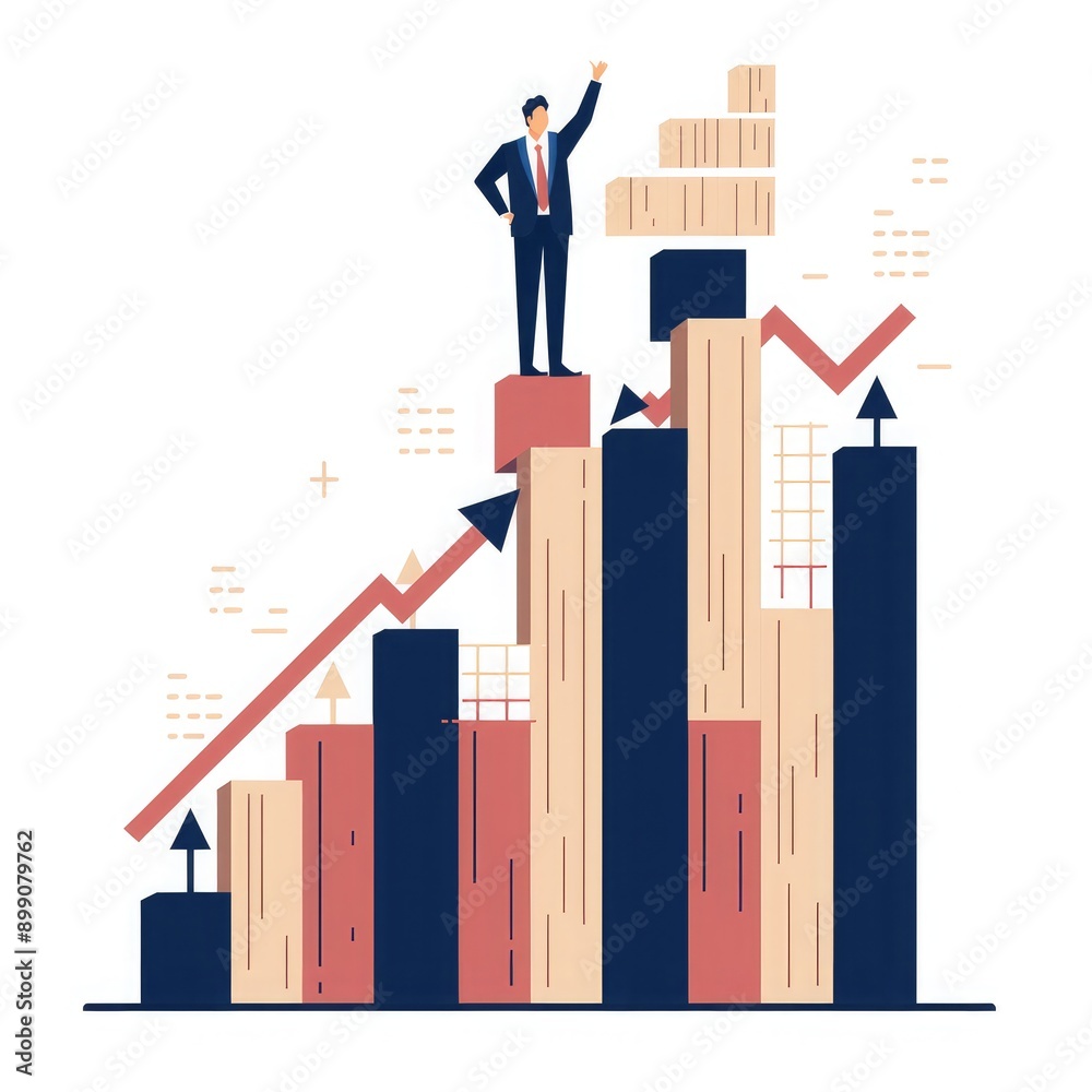 Wooden blocks, upward arrow and growth chart, businessman at top, white background, flat design illustration