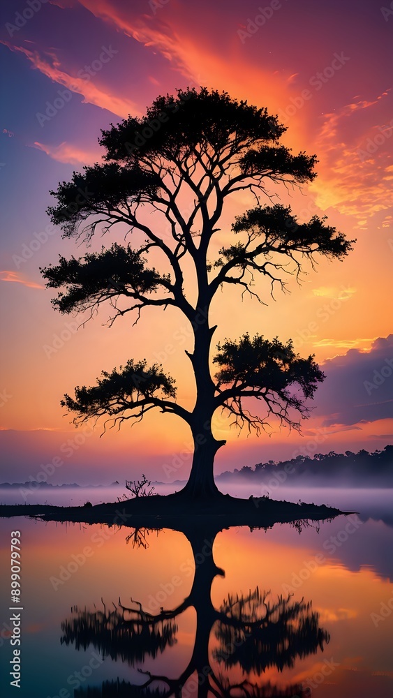 A serene silhouette of a lone tree against a colorful sunset sky, fantasy style A serene silhouette of a lone tree against a colorful sunset sky, fantasy style