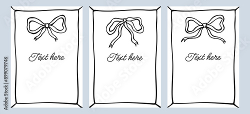 Hand drawn black cute bow with frame isolated on background. Vertical border frame cards. Set bow frames template with space for text.