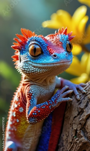 Vibrant Blue and Red Lizard with Yellow Flowers in the Background.