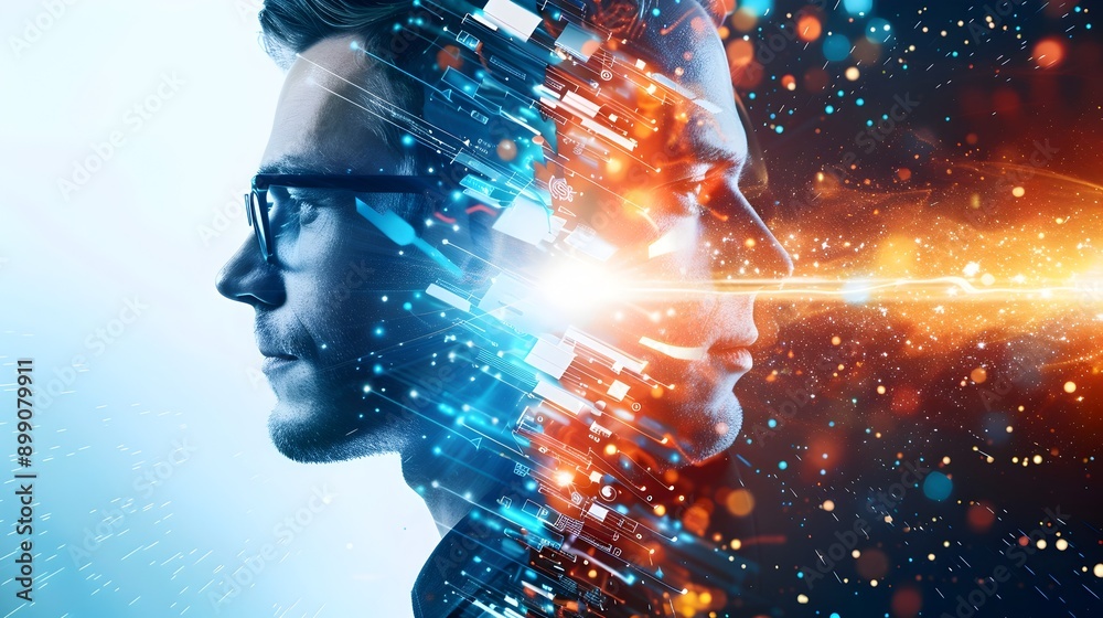 Visionary Technology Expert Immersed in Vibrant Digital Realm of Abstract Light and Contrasting Hues Visionary Technology Expert Immersed in Vibrant Digital Realm of Abstract Light and Contrasting Hues