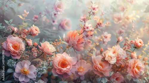 Wallpaper Mural Springtime renewal with pastel blooms, delicate textures of petals and leaves, illuminated by the soft glow of morning sunlight, capturing the essence of growth and awakening Torontodigital.ca