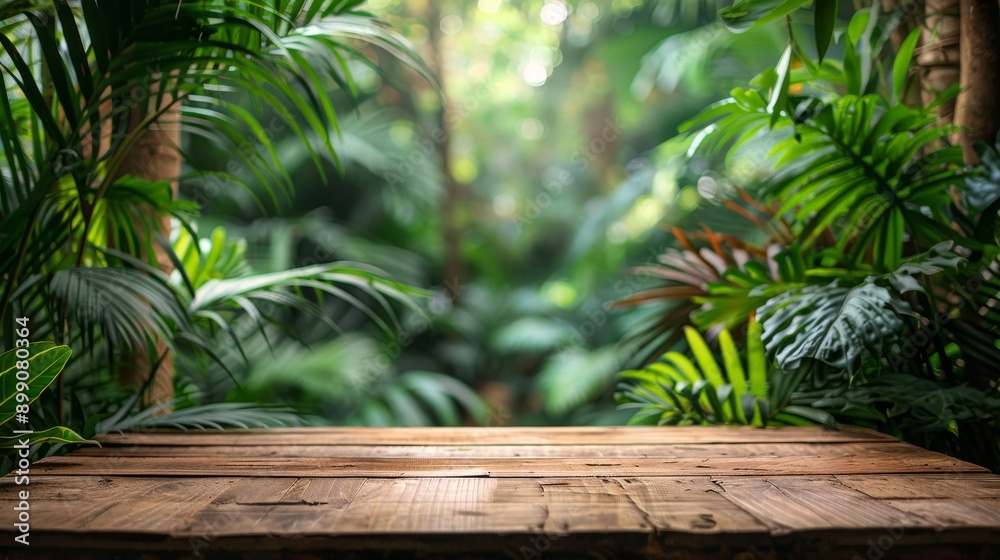 Empty wooden table against a dense green amazon rainforest jungle leaf backdrop Empty wooden table against a dense green amazon rainforest jungle leaf backdrop