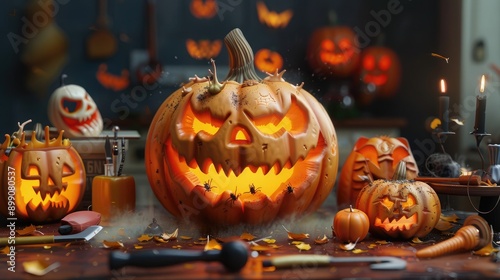 Halloween pumpkin carving contest with detailed 3D pumpkins, tools, and festive decorations © Khritthithat