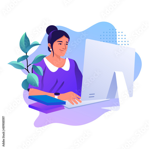 Employee Working With Computer Flat Vector Illustration