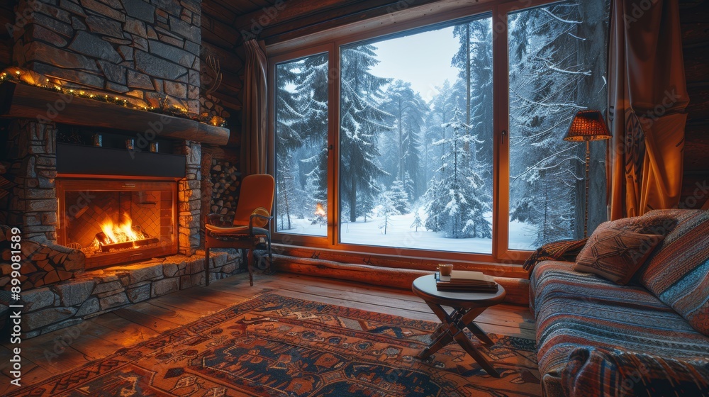 Warm fireplace burning in a cozy living room overlooking a snowy forest in winter Warm fireplace burning in a cozy living room overlooking a snowy forest in winter