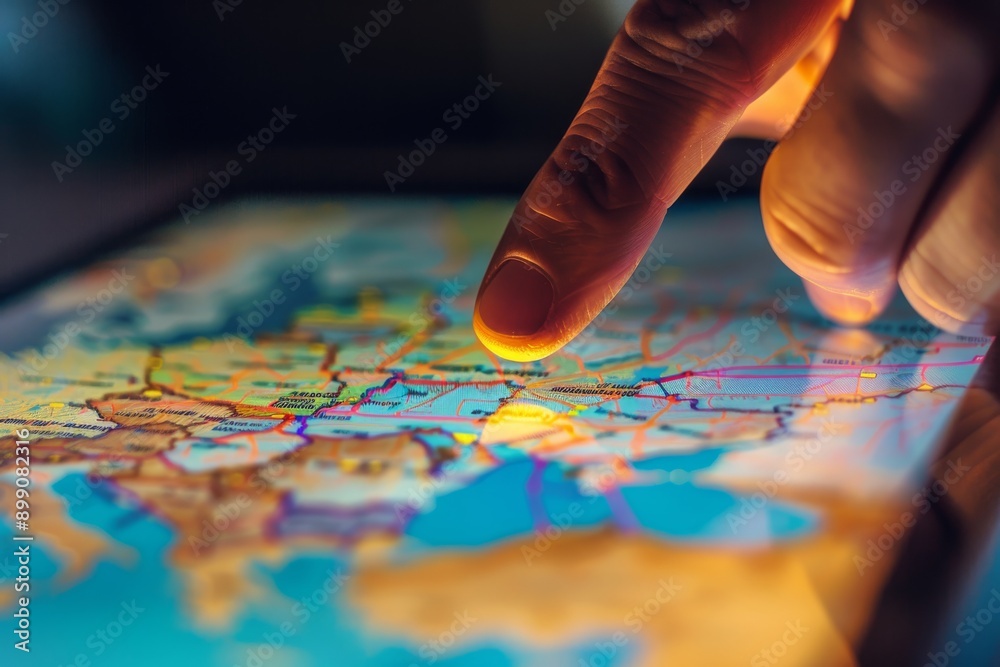 Close-up of a Finger Navigating a Digital Map Close-up of a Finger Navigating a Digital Map