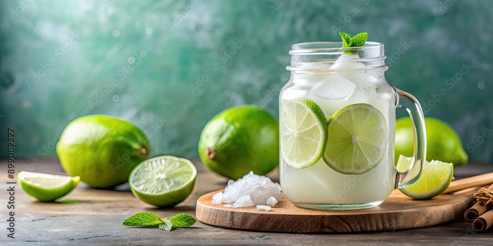 Refreshing iced coconut limeade served in a glass jar with fresh lime slices , summer, drink, beverage, coconut, lime, citrus Refreshing iced coconut limeade served in a glass jar with fresh lime slices , summer, drink, beverage, coconut, lime, citrus