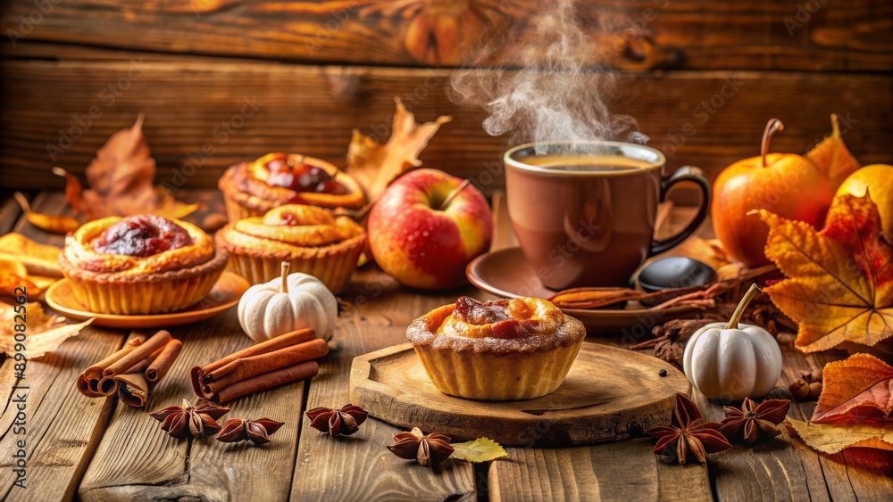 Fototapeta premium Autumnal still life with freshly baked sweet pastry, steaming cups, seasonal fruit, and aromatic spices on rustic wooden table.