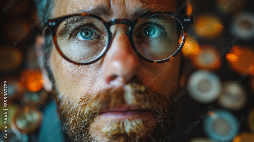 A man with glasses and a beard is looking at a pile of coins A man with glasses and a beard is looking at a pile of coins