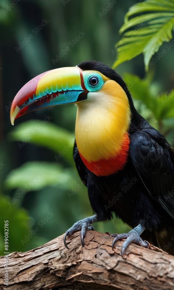 Obraz premium Colorful Toucan Bird with Big Beak Perched on a Branch.