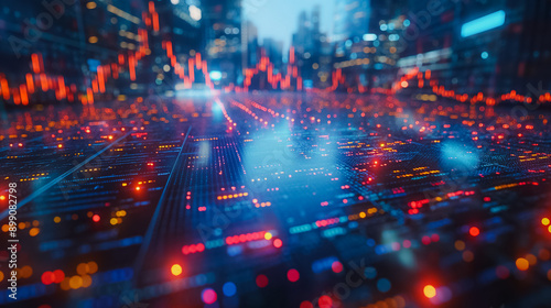 A cityscape with a lot of red and blue lights