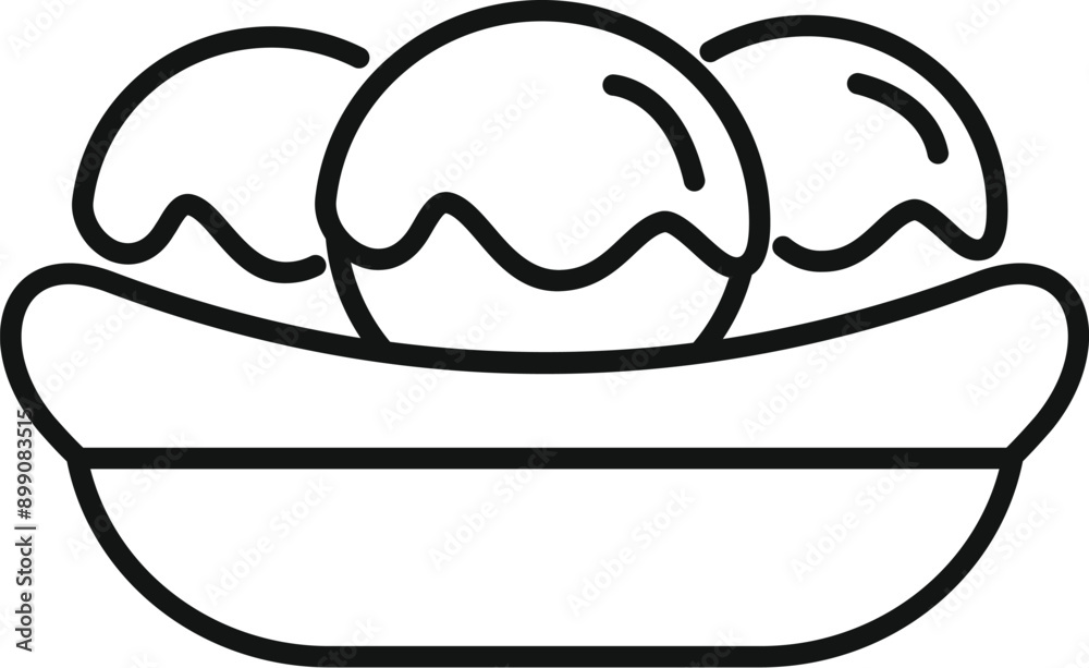 Line art icon of three delicious ice cream scoops lying in a cup forming a delicious dessert Line art icon of three delicious ice cream scoops lying in a cup forming a delicious dessert
