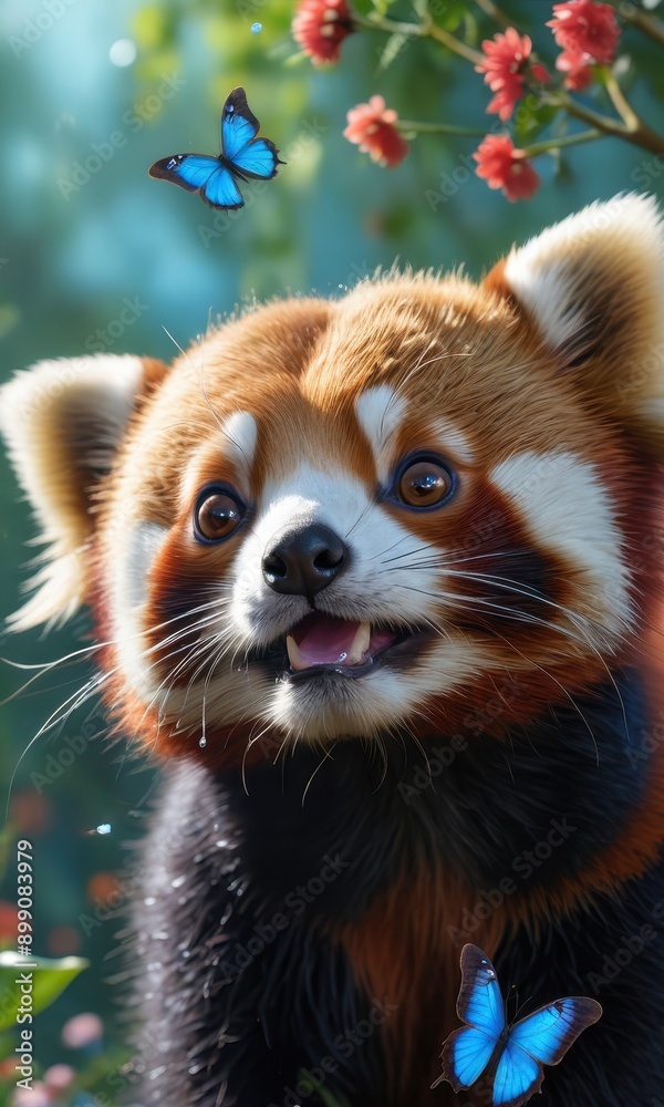 Fototapeta premium Adorable Red Panda with Blue Butterflies in a Garden.
