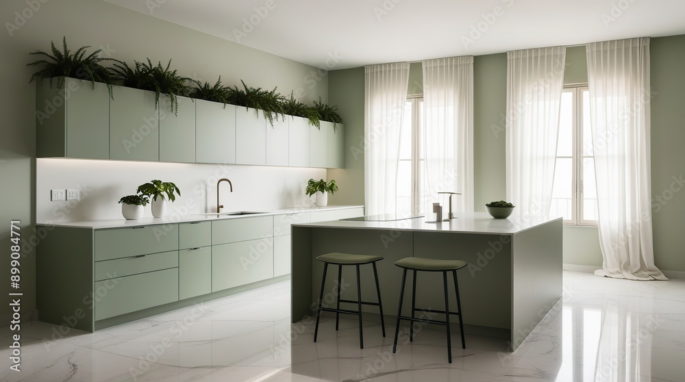 A serene kitchen room exudes a sense of harmony and comfort, epitomizing the minimalist concept through a soothing palette of muted green and crisp white hues A serene kitchen room exudes a sense of harmony and comfort, epitomizing the minimalist concept through a soothing palette of muted green and crisp white hues