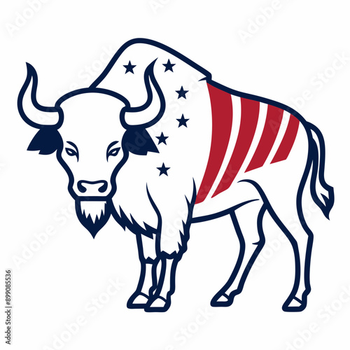 Vector Line Art of Buffalo with American Flag © Kanay