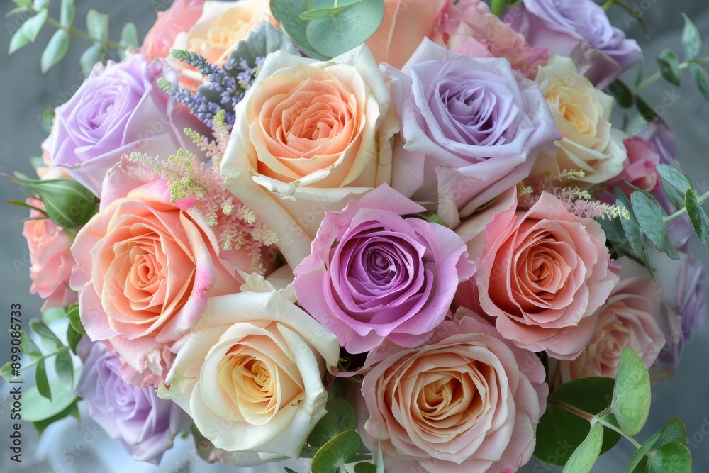 Pastel Roses Bouquet with Eucalyptus Leaves Pastel Roses Bouquet with Eucalyptus Leaves