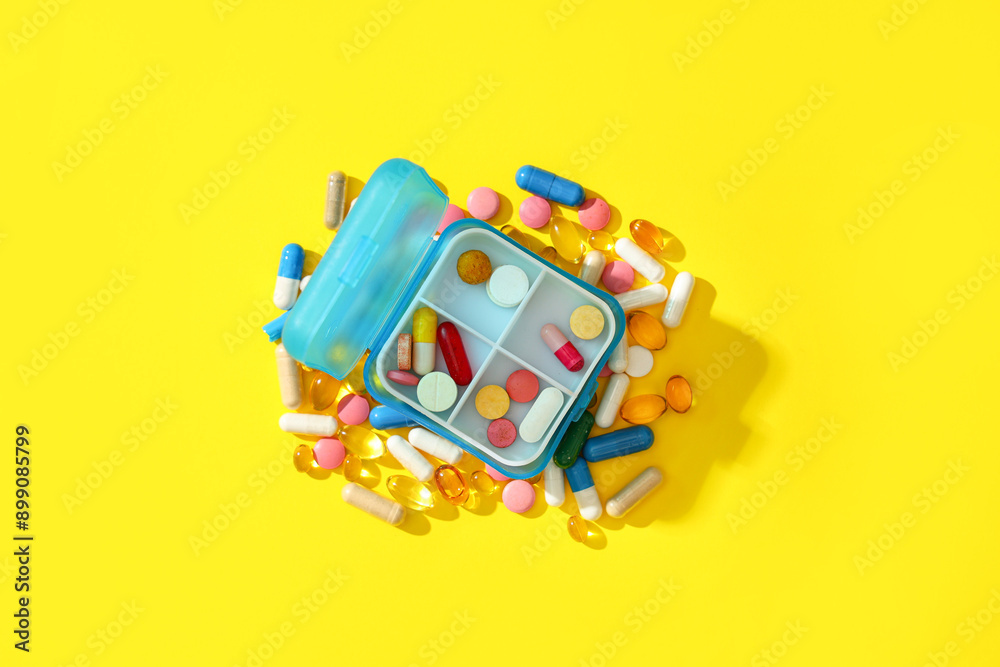 Obraz premium Blue plastic container with pills on yellow background. Top view