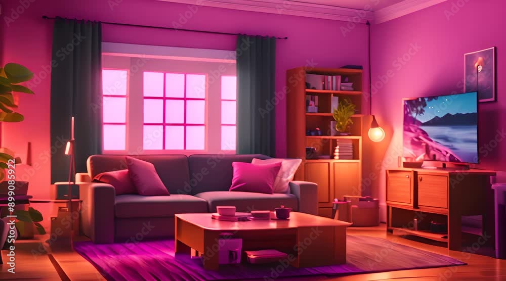 Cozy Living Room with Pink Walls and Warm Lighting Cozy Living Room with Pink Walls and Warm Lighting