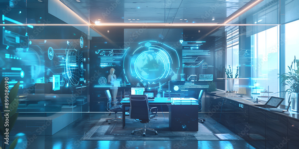Futuristic Office: High-Tech Workspace with Digital Interfaces and Holograms, Advanced Workplace: Modern Office with Cutting-Edge Technology Futuristic Office: High-Tech Workspace with Digital Interfaces and Holograms, Advanced Workplace: Modern Office with Cutting-Edge Technology