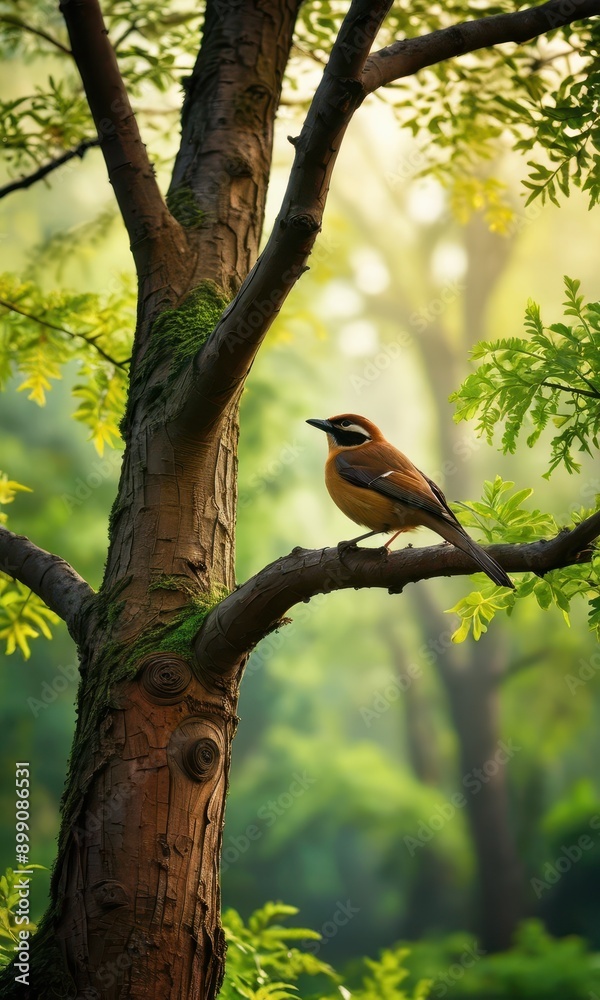 Bird Perched on Tree Branch in Forest. Bird Perched on Tree Branch in Forest.
