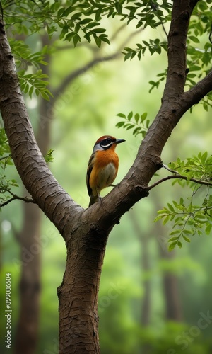 Colorful Bird Perched on Tree Branch in Lush Green Forest.