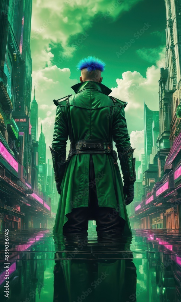 Cyberpunk Cityscape with Man in Green Coat. Cyberpunk Cityscape with Man in Green Coat.