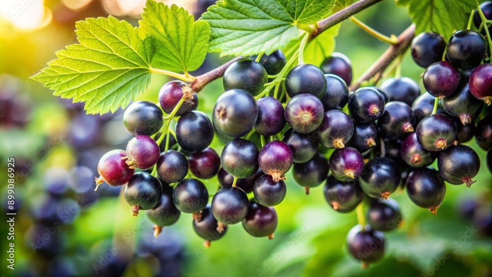 Ripe dark purple clusters of juicy black currants hang from branch with lush green leaves against a soft blurred background. Ripe dark purple clusters of juicy black currants hang from branch with lush green leaves against a soft blurred background.
