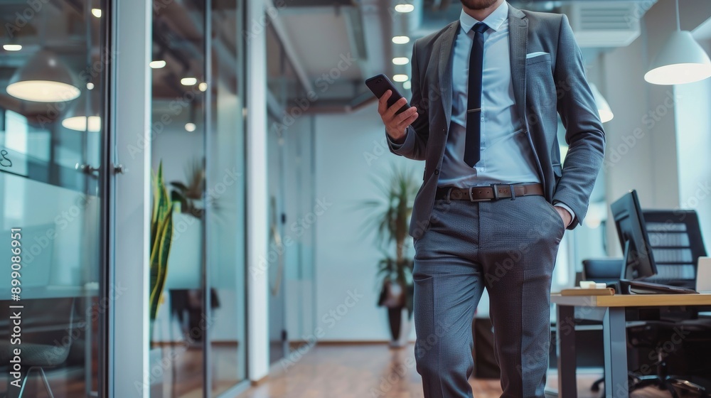 Businessman standing with smart phone in office - generative ai Businessman standing with smart phone in office - generative ai