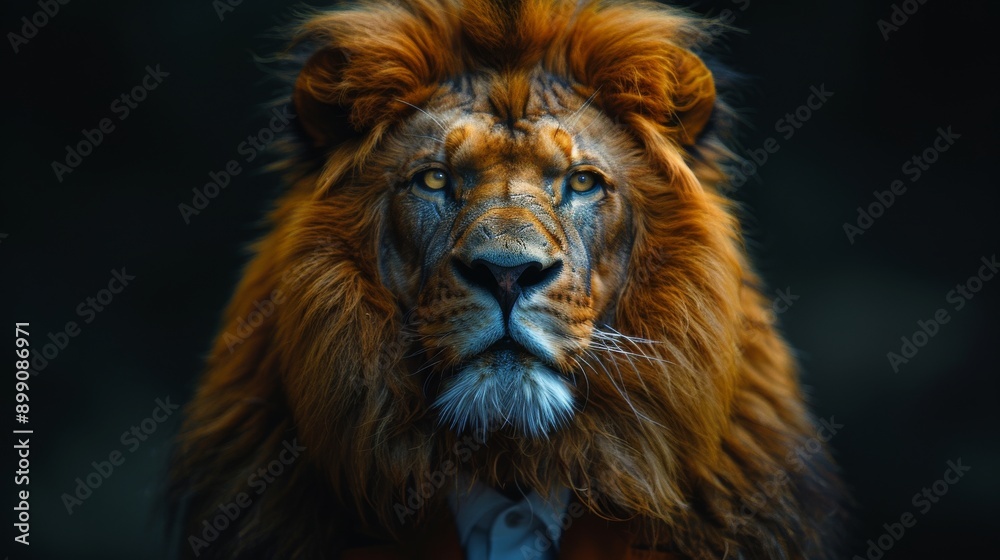 Portrait of a majestic lion with a flowing mane looking directly forward against a dark background Portrait of a majestic lion with a flowing mane looking directly forward against a dark background