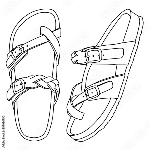 Women's Strappy Slip-On Modern Memory Foam Footbed Outdoor Adjustable Buckle Cork Footbed Sandals Line art, Technical sketch hand drawing outline vector doodle illustration isolated on white