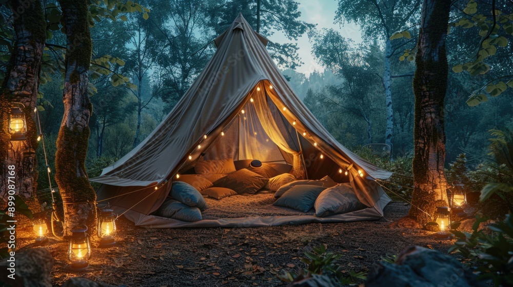 Camping Harmony: Cozy Tent Interior with Sleeping Bags and Lanterns in Forested Area Camping Harmony: Cozy Tent Interior with Sleeping Bags and Lanterns in Forested Area