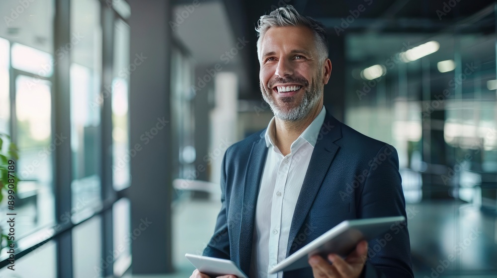 Fototapeta premium Happy middle aged business man ceo wearing suit standing in office using digital tablet. Smiling mature businessman professional executive manager looking away thinking working - generative ai