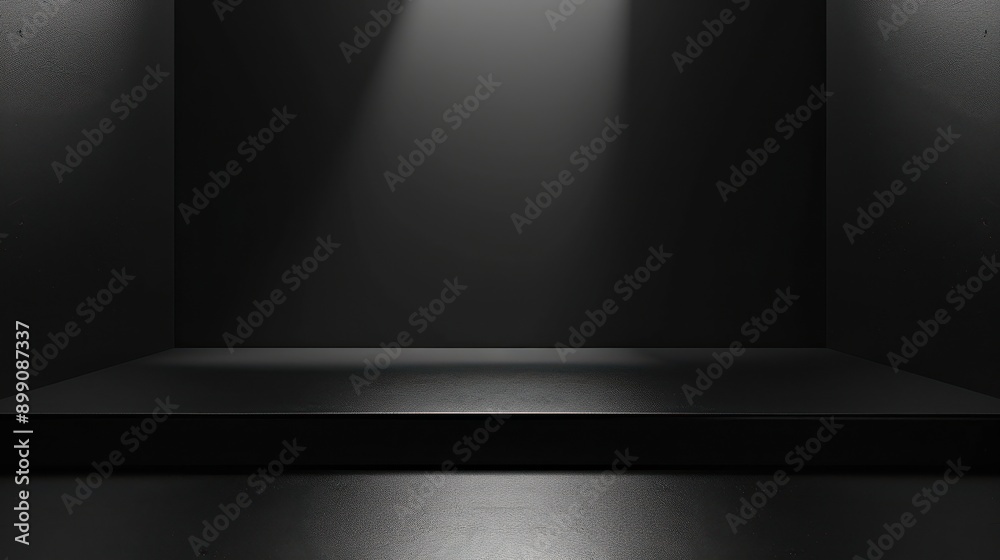 Black pedestal in dark room with spotlight. Black pedestal in dark room with spotlight.
