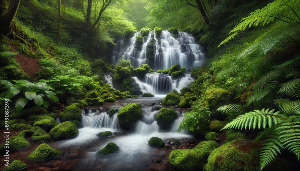 Fototapeta premium Lush Green Waterfall in a Tranquil Forest, Moss Covered Rocks and Foliage - Nature Photography.
