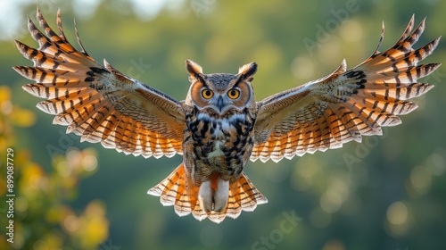 Majestic great horned owl with a large wingspan soars towards you. Showcasing its sharp talons and detailed feathers in vibrant colors against a blurred background