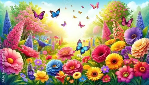 Vibrant Springtime Garden with Colorful Flowers and Butterflies.