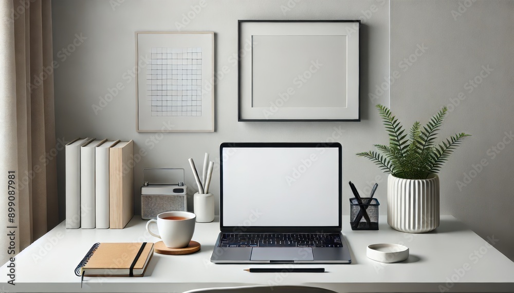 Minimalist Home Office Desk with Laptop, Notebook, and Coffee Cup. Minimalist Home Office Desk with Laptop, Notebook, and Coffee Cup.