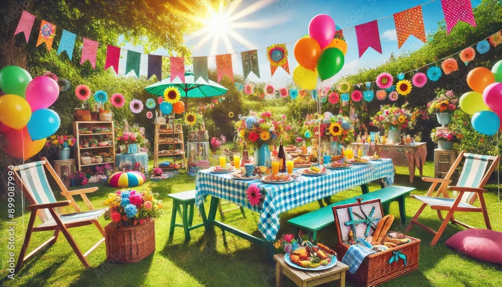 Obraz premium Festive Summer Picnic Table Setting with Balloons, Bunting and Flowers.