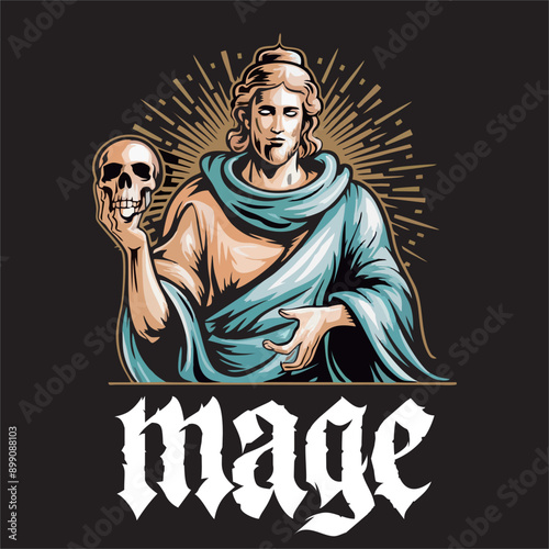 A striking and vibrant illustration of a mage figure holding a skull in his hand