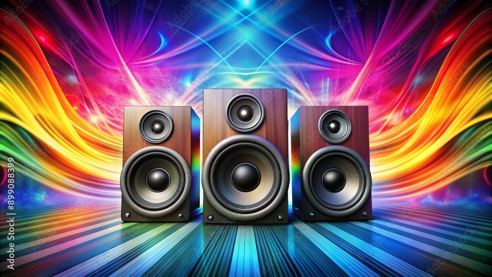 Vibrant colorful sound waves emanate from sleek modern speakers set against a dynamic abstract background of swirling shapes and patterns. Vibrant colorful sound waves emanate from sleek modern speakers set against a dynamic abstract background of swirling shapes and patterns.