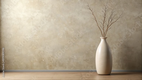 A solo delicate vase stands upright on a cold concrete floor against a subtle beige wall background in silence.