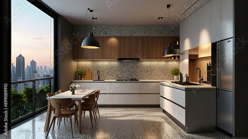 Modern style luxury interior with city view 3d render, There are terrazzo floor decorated wall with hidden light