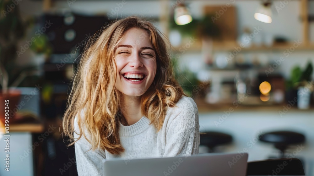 Image of young beautiful joyful woman smiling while working with laptop in office - generative ai Image of young beautiful joyful woman smiling while working with laptop in office - generative ai
