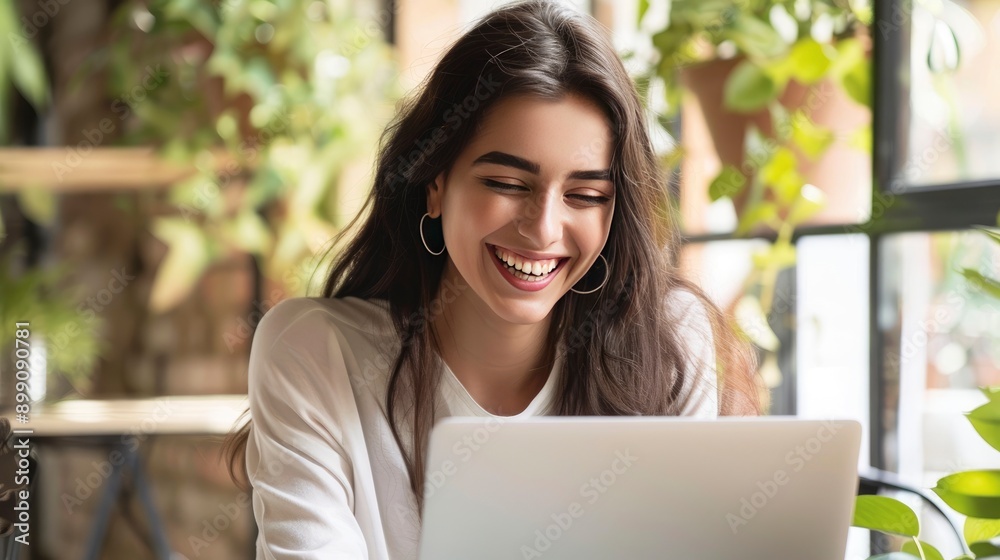 Image of young beautiful joyful woman smiling while working with laptop in office - generative ai Image of young beautiful joyful woman smiling while working with laptop in office - generative ai