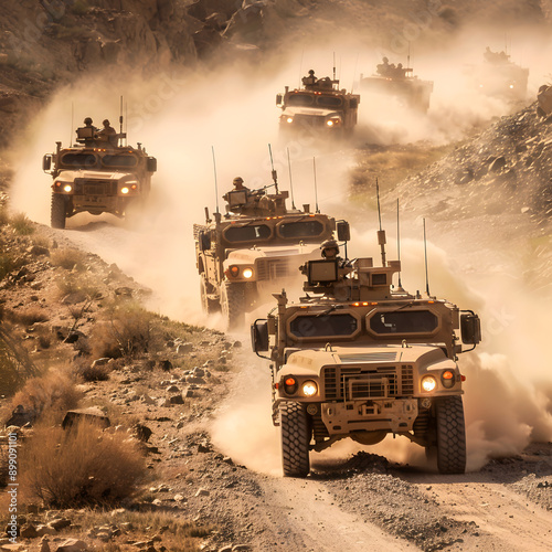 Cutting-Edge Military Vehicles in Action: Tanks, Armored Personnel Carriers, and Utility Trucks Demonstrating Combat Readiness photo