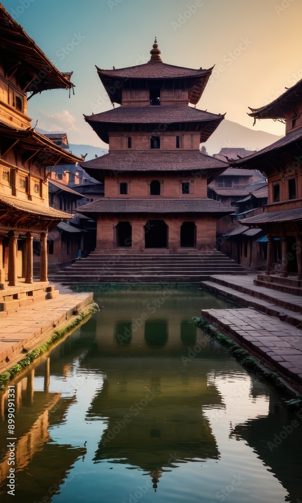 Ancient Temple Reflecting in Still Water at Sunrise. Ancient Temple Reflecting in Still Water at Sunrise.