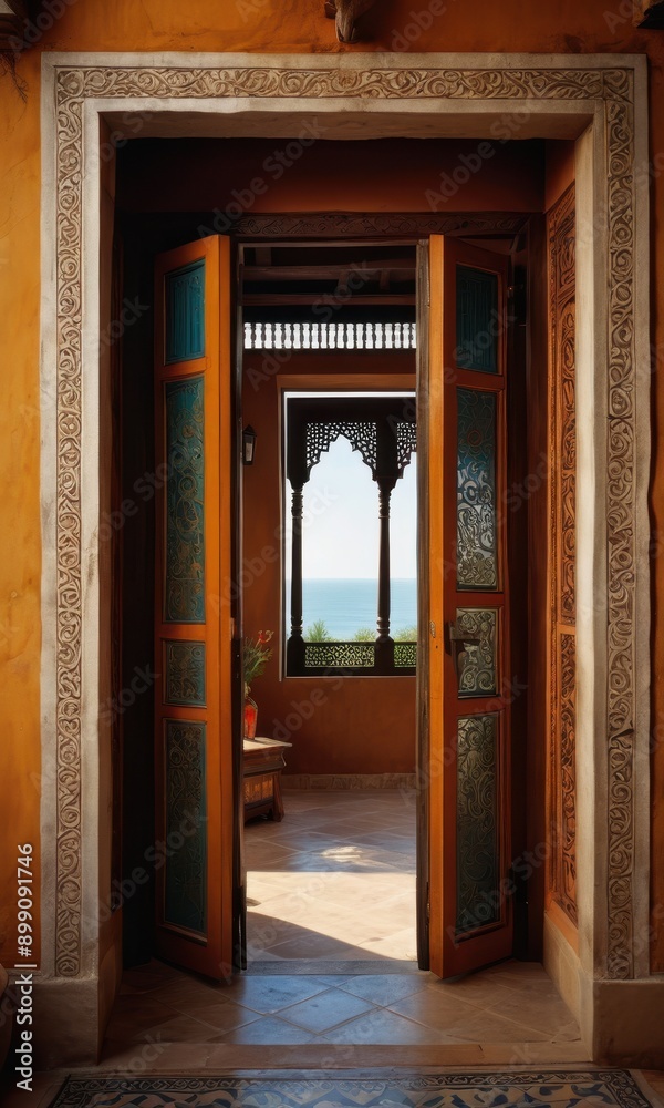 Fototapeta premium Ornate Doorway Opening to Ocean View.